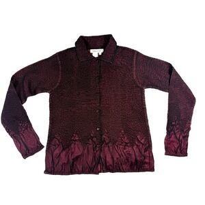 Coldwater Creek Shirt Top Womens Small Burgundy Stretch Crinkle Button Front